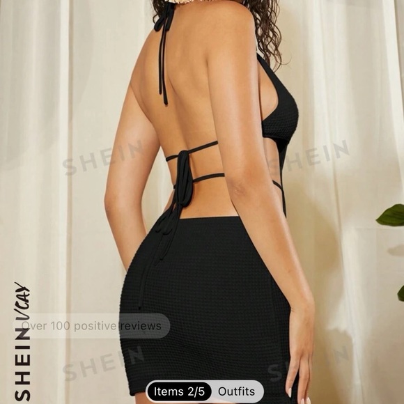 Black Dress Cut Out Waist Tie Backless Halter Neck - Picture 5 of 5